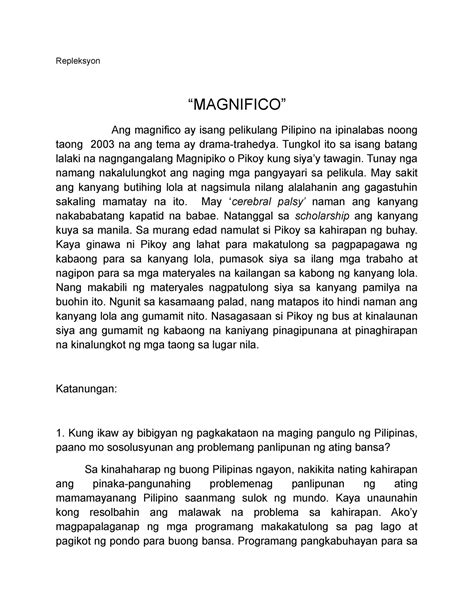 Isang Katuparan sa Filipino 6 Pagsusuri ng nobela Ipinasa ni Bb. . Ano ang paksa o tema ng pelikulang magnifico brainly